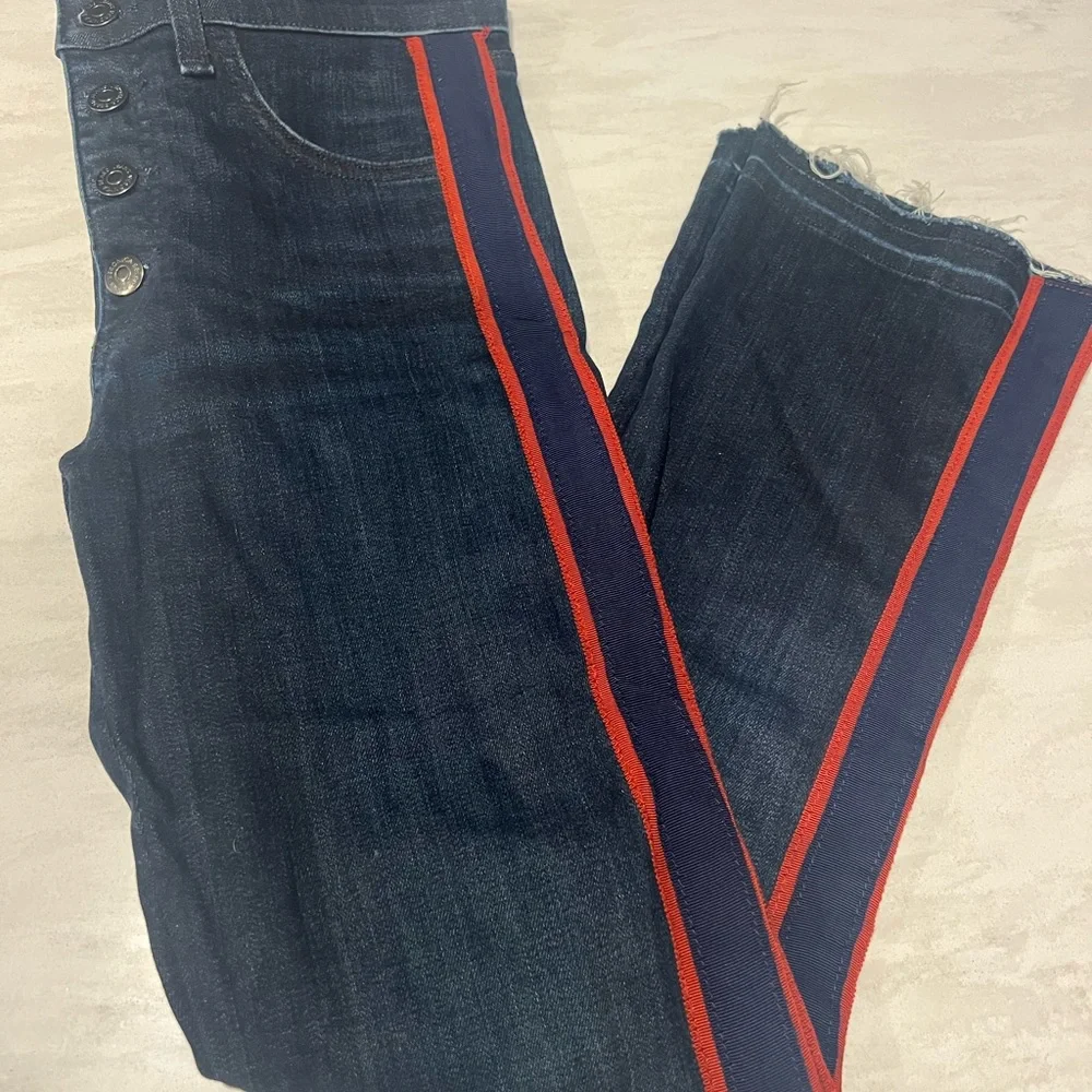 Veronica Beard Dark Blue Cropped Jeans with Red Side Stripes, hem is a raw edge - Picture 10 of 12